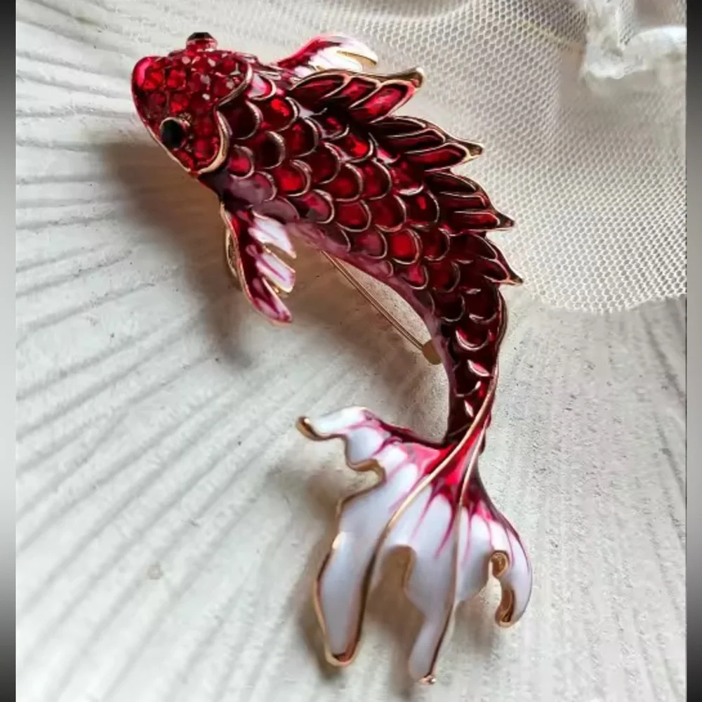 Koi Fish Maroon Red &Orange Gold Enamel Brooch Set– Symbol of Luck & Prosperity